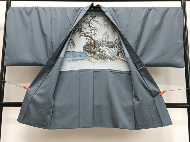 平和屋着物∞男性　長羽織　錆鉄御納戸色　正絹　逸品　CABD4754ua