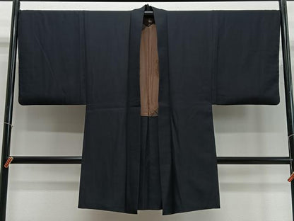 平和屋着物∞男性　長羽織　紬地　紫黒色　正絹　逸品　CABD4755ua