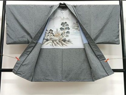 平和屋着物∞男性　長羽織　紬地　霞文　正絹　逸品　CABD4756ua