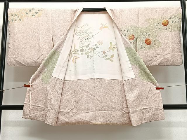 平和屋着物∞道行コート　草花文　金彩　ロング丈　正絹　逸品　CABD4771ua