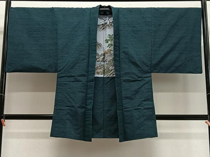 平和屋着物∞男性　長羽織　紬地　高麗納戸色　正絹　逸品　CABD4779ua