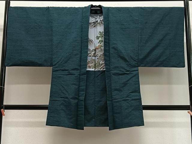 平和屋着物∞男性　長羽織　紬地　高麗納戸色　正絹　逸品　CABD4779ua