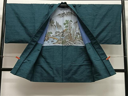 平和屋着物∞男性　長羽織　紬地　高麗納戸色　正絹　逸品　CABD4779ua