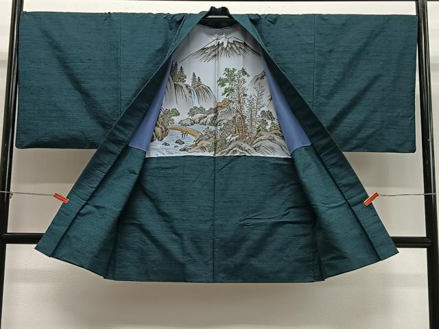 平和屋着物∞男性　長羽織　紬地　高麗納戸色　正絹　逸品　CABD4779ua