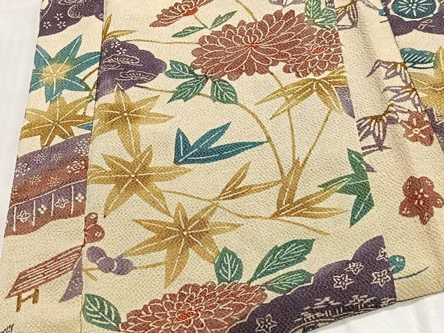 平和屋着物∞羽織　草花文　鬼しぼ縮緬　正絹　逸品　CABD4783ua