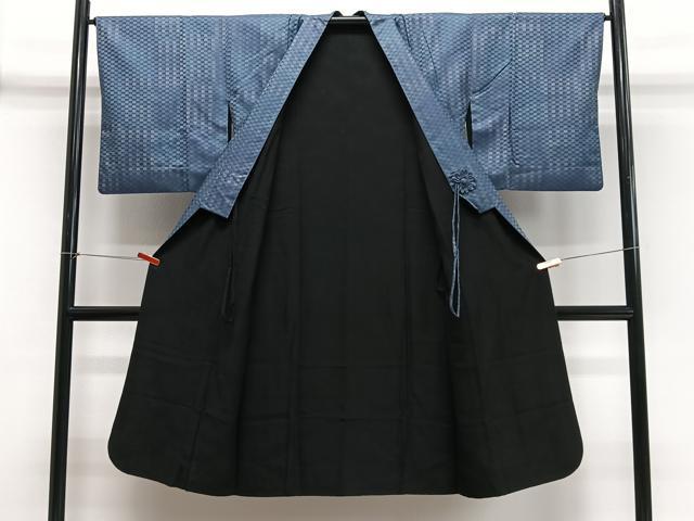 平和屋着物∞道中着　リバーシブル　格子　黒地　ショール付き　反端付き　正絹　逸品　CABD4790ua