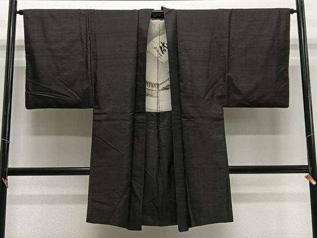 平和屋着物∞男性　長羽織　紬地　虎　黒地　正絹　逸品　CABD4792ua
