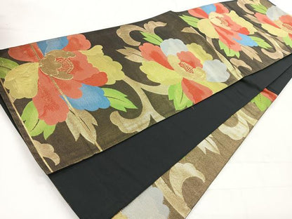 平和屋着物◎六通柄袋帯 更紗花文 黒地 金糸 正絹 逸品 CABD4805nb