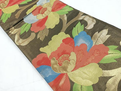 平和屋着物◎六通柄袋帯 更紗花文 黒地 金糸 正絹 逸品 CABD4805nb