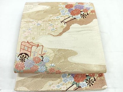 平和屋着物◎六通柄袋帯 唐織 御所車花文 金糸 正絹 逸品 CABD4809nb