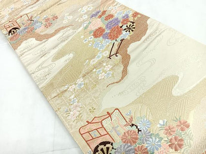 平和屋着物◎六通柄袋帯 唐織 御所車花文 金糸 正絹 逸品 CABD4809nb