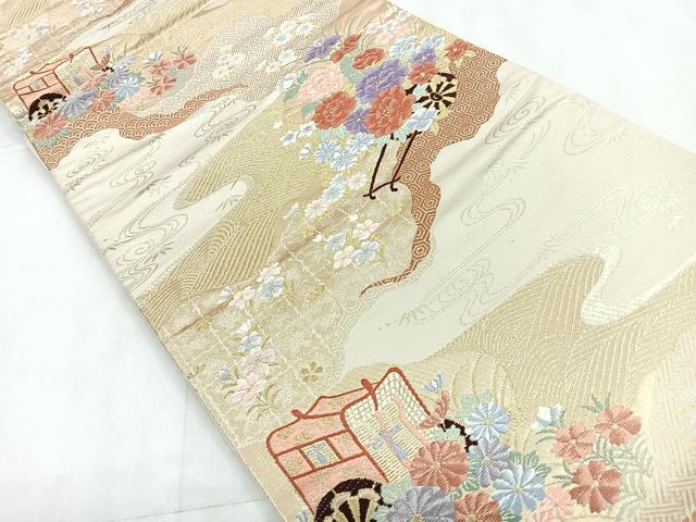 平和屋着物◎六通柄袋帯 唐織 御所車花文 金糸 正絹 逸品 CABD4809nb