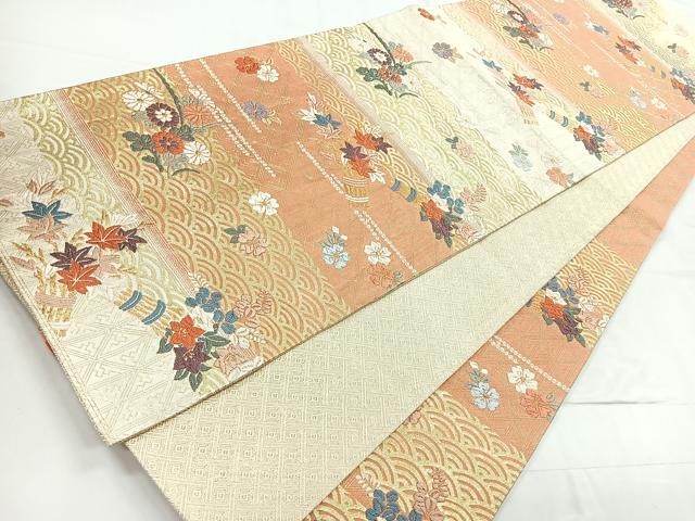 平和屋着物◎佐賀錦 六通柄袋帯 唐織 花蝶文 金糸 正絹 逸品 CABD4821nb