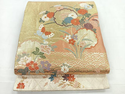 平和屋着物◎佐賀錦 六通柄袋帯 唐織 花蝶文 金糸 正絹 逸品 CABD4821nb