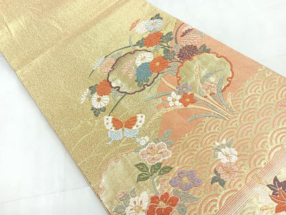 平和屋着物◎佐賀錦 六通柄袋帯 唐織 花蝶文 金糸 正絹 逸品 CABD4821nb