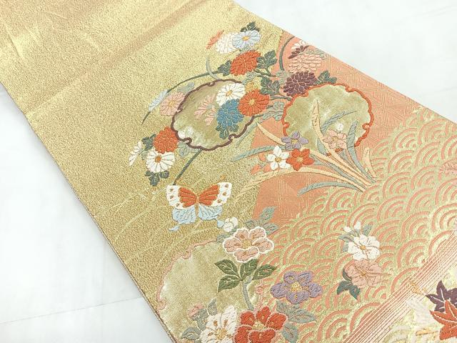 平和屋着物◎佐賀錦 六通柄袋帯 唐織 花蝶文 金糸 正絹 逸品 CABD4821nb