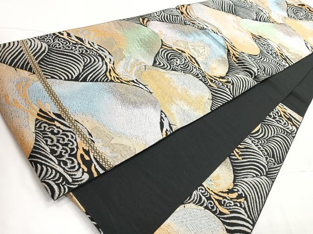平和屋着物＊夏物　六通柄袋帯　抽象間道　黒地　金糸　正絹　逸品　DABA0480cm 平和屋着物＊夏物 六通柄袋帯 草花文 銀糸 正絹 逸品 DABC8804cmの