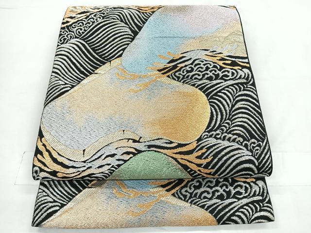 平和屋着物◎六通柄袋帯 立波枝松文 黒地 金糸 正絹 逸品 CABD4826nb