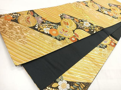 平和屋着物◎六通柄袋帯　唐織　花蝶文　黒地　金糸　正絹　逸品　CABD4852nb