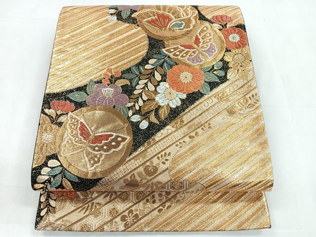 平和屋着物◎六通柄袋帯　唐織　花蝶文　黒地　金糸　正絹　逸品　CABD4852nb