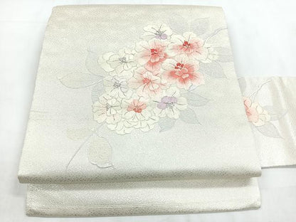 平和屋着物◎九寸名古屋帯　刺繍　草花文　銀糸　正絹　逸品　CABD4856nb