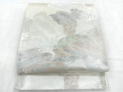 平和屋着物◎六通柄袋帯　唐織　立波文　銀糸　正絹　逸品　CABD4967nb