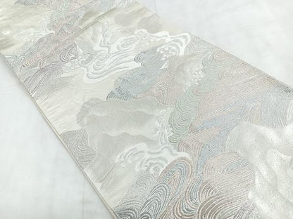 平和屋着物◎六通柄袋帯　唐織　立波文　銀糸　正絹　逸品　CABD4967nb