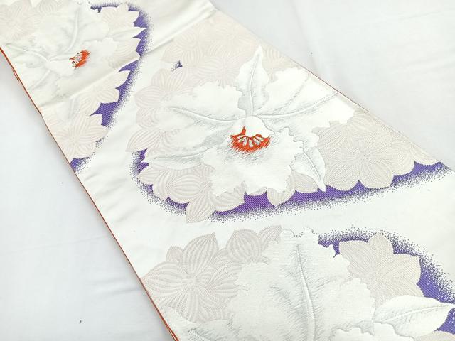 平和屋着物◎六通柄袋帯　唐織　草花文　銀糸　正絹　逸品　CABD4979nb