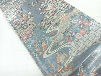 平和屋着物◎佐賀錦　六通柄袋帯　流水飛鶴花文　金銀糸　正絹　逸品　CABD4995nb
