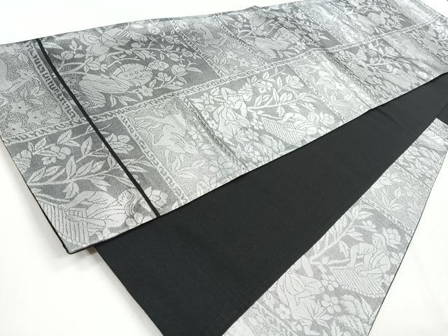 平和屋着物◎六通柄袋帯　人物風景文　動物　黒地　正絹　逸品　CABD4998nb