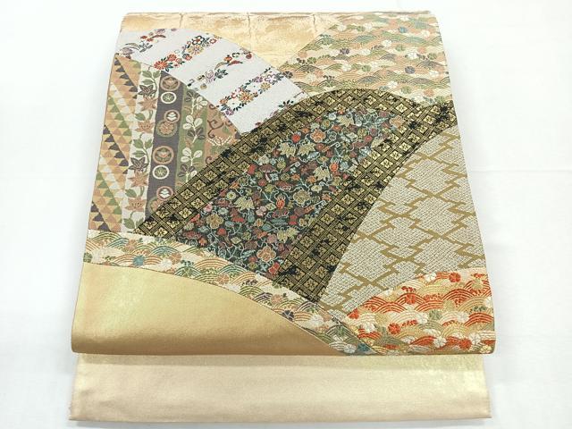 平和屋着物◎太鼓柄袋帯　吉祥花文　切嵌　金糸　正絹　逸品　CABD5003nb