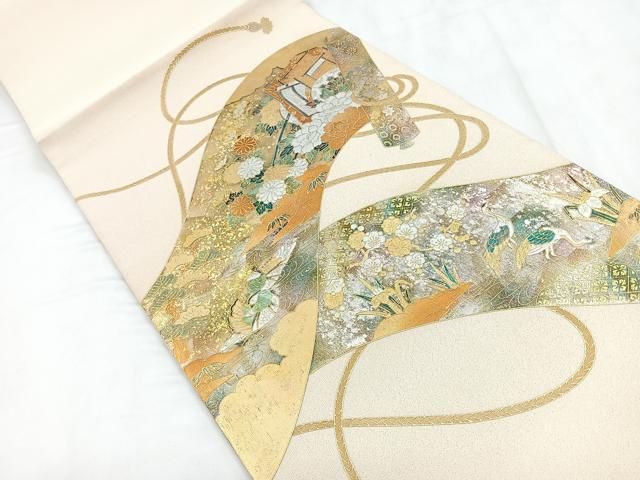 平和屋着物◎太鼓柄袋帯　綴れ　流水花鳥文　金銀彩　金糸　正絹　逸品　CABD5014nb