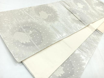 平和屋着物◎六通柄袋帯 孔雀花文 銀糸 正絹 逸品 CABD5019nb