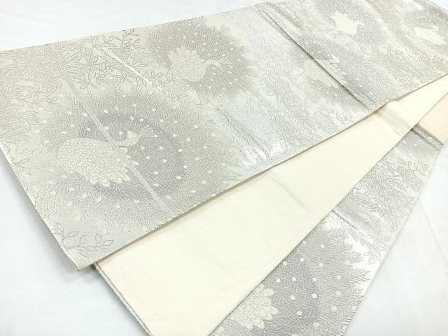 平和屋着物◎六通柄袋帯 孔雀花文 銀糸 正絹 逸品 CABD5019nb