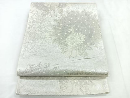 平和屋着物◎六通柄袋帯 孔雀花文 銀糸 正絹 逸品 CABD5019nb