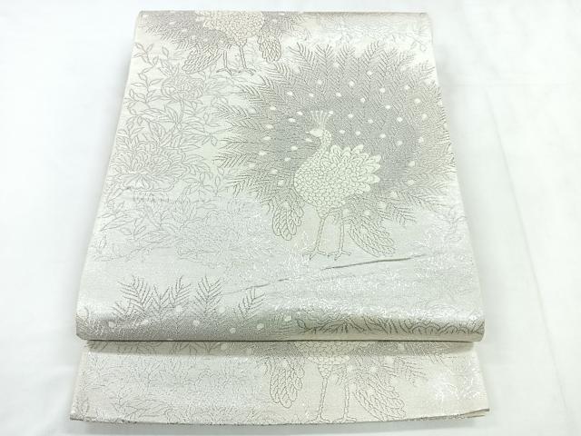 平和屋着物◎六通柄袋帯 孔雀花文 銀糸 正絹 逸品 CABD5019nb