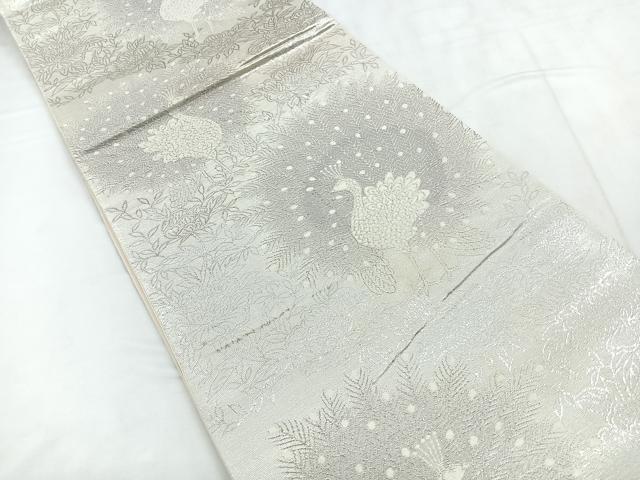 平和屋着物◎六通柄袋帯 孔雀花文 銀糸 正絹 逸品 CABD5019nb