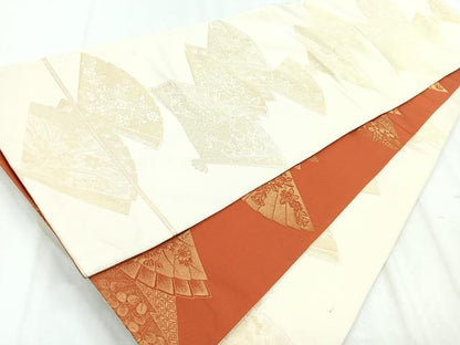 平和屋着物◎両面　全通柄袋帯　舞扇花文　金糸　正絹　逸品　CABD5043nb