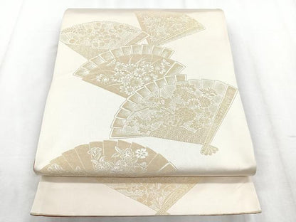 平和屋着物◎両面　全通柄袋帯　舞扇花文　金糸　正絹　逸品　CABD5043nb
