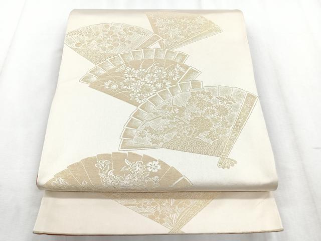 平和屋着物◎両面　全通柄袋帯　舞扇花文　金糸　正絹　逸品　CABD5043nb