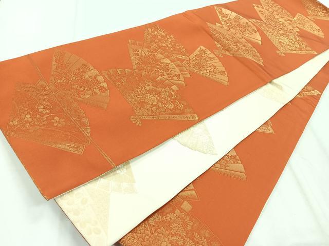 平和屋着物◎両面　全通柄袋帯　舞扇花文　金糸　正絹　逸品　CABD5043nb