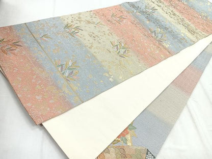 平和屋着物◎太鼓柄袋帯　唐織　花蝶文　金糸　正絹　逸品　CABD5063nb