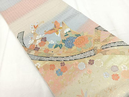 平和屋着物◎太鼓柄袋帯　唐織　花蝶文　金糸　正絹　逸品　CABD5063nb