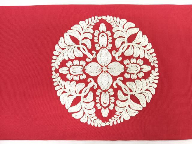 平和屋着物◎塩瀬 九寸名古屋帯 総刺繍 花丸文 正絹 逸品 CABD5074nb
