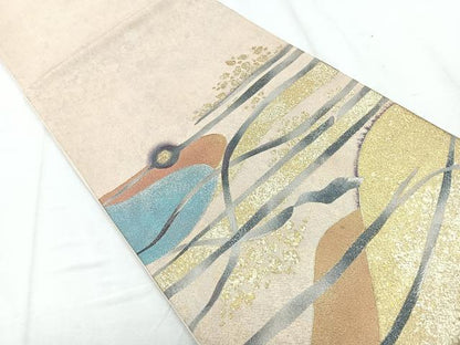 平和屋着物◎太鼓柄袋帯 駒刺繍 抽象紋寿 金銀彩 正絹 逸品 CABD5077nb