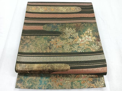 平和屋着物◎六通柄袋帯 吉祥花文 金糸 引箔 正絹 逸品 CABD5080nb