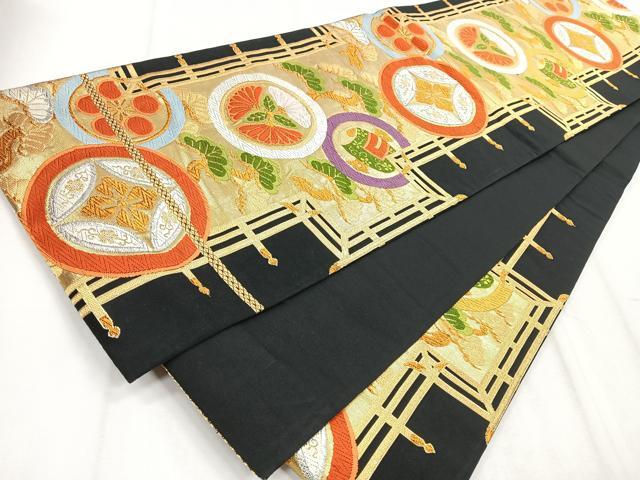 平和屋着物◎六通柄袋帯 唐織 花丸枝松文 黒地 金銀糸 正絹 逸品 CABD5084nb