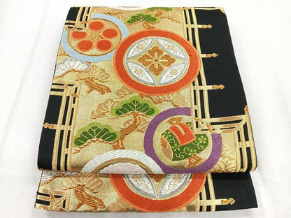 平和屋着物◎六通柄袋帯 唐織 花丸枝松文 黒地 金銀糸 正絹 逸品 CABD5084nb