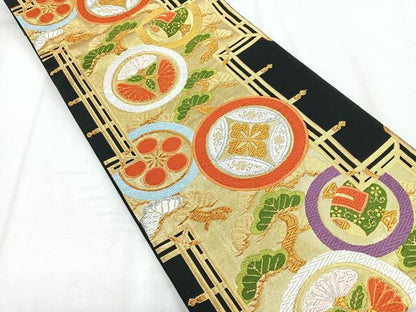 平和屋着物◎六通柄袋帯 唐織 花丸枝松文 黒地 金銀糸 正絹 逸品 CABD5084nb