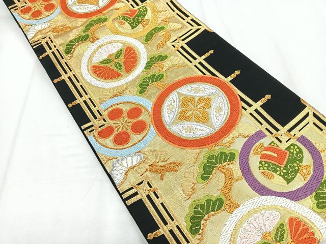 平和屋着物◎六通柄袋帯 唐織 花丸枝松文 黒地 金銀糸 正絹 逸品 CABD5084nb